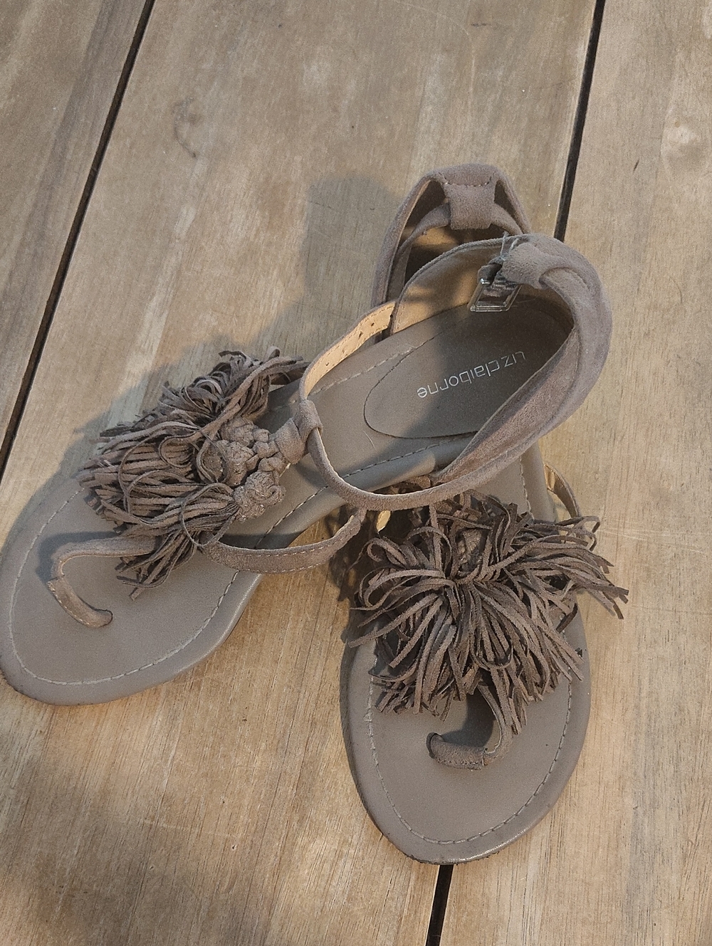 Liz Claiborne Taupe Fringe T-Strap Sandals with Ankle Strap